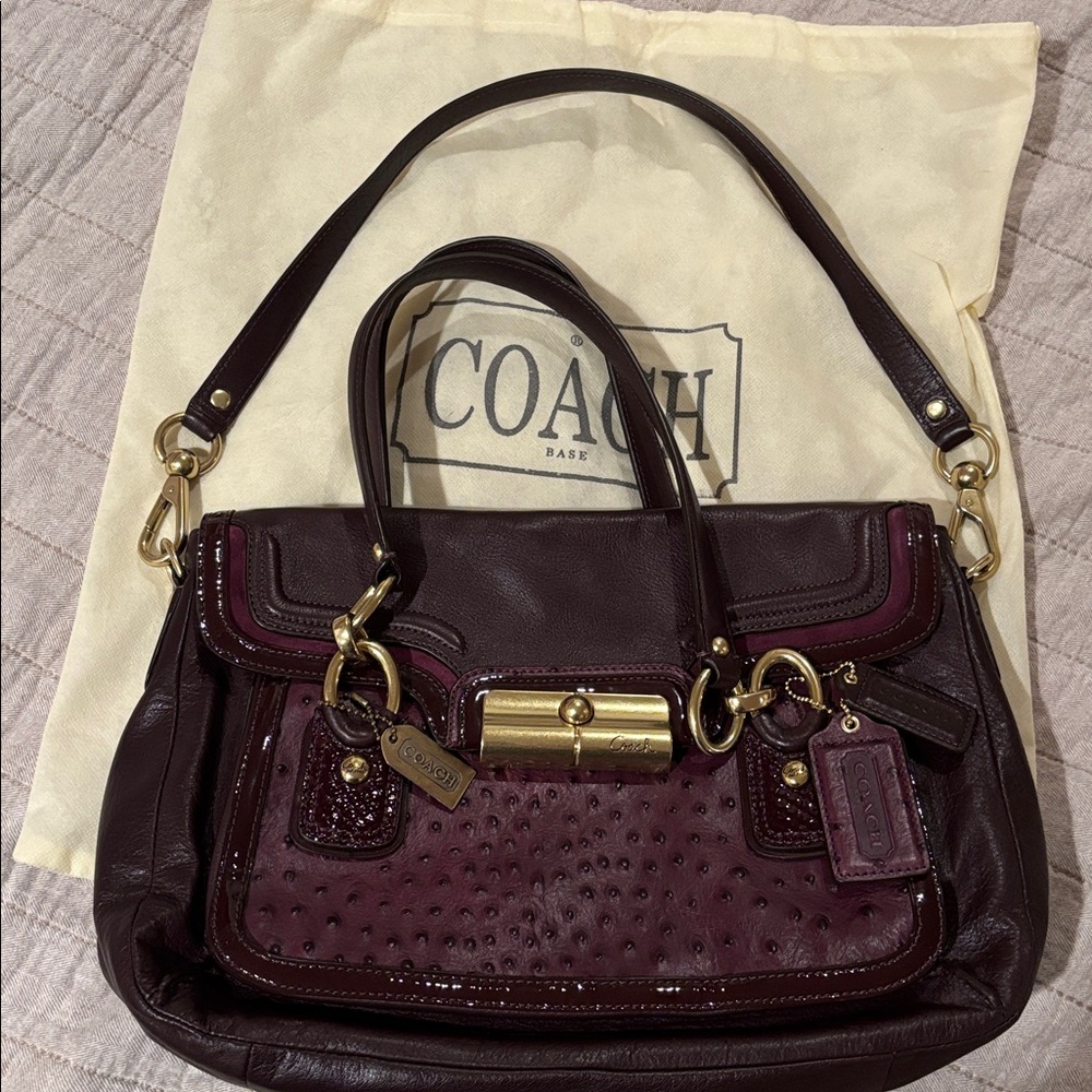 COACH Kristin Spectator Ostrich Embossed Mixed Leather Satchel plum E1198-18282
